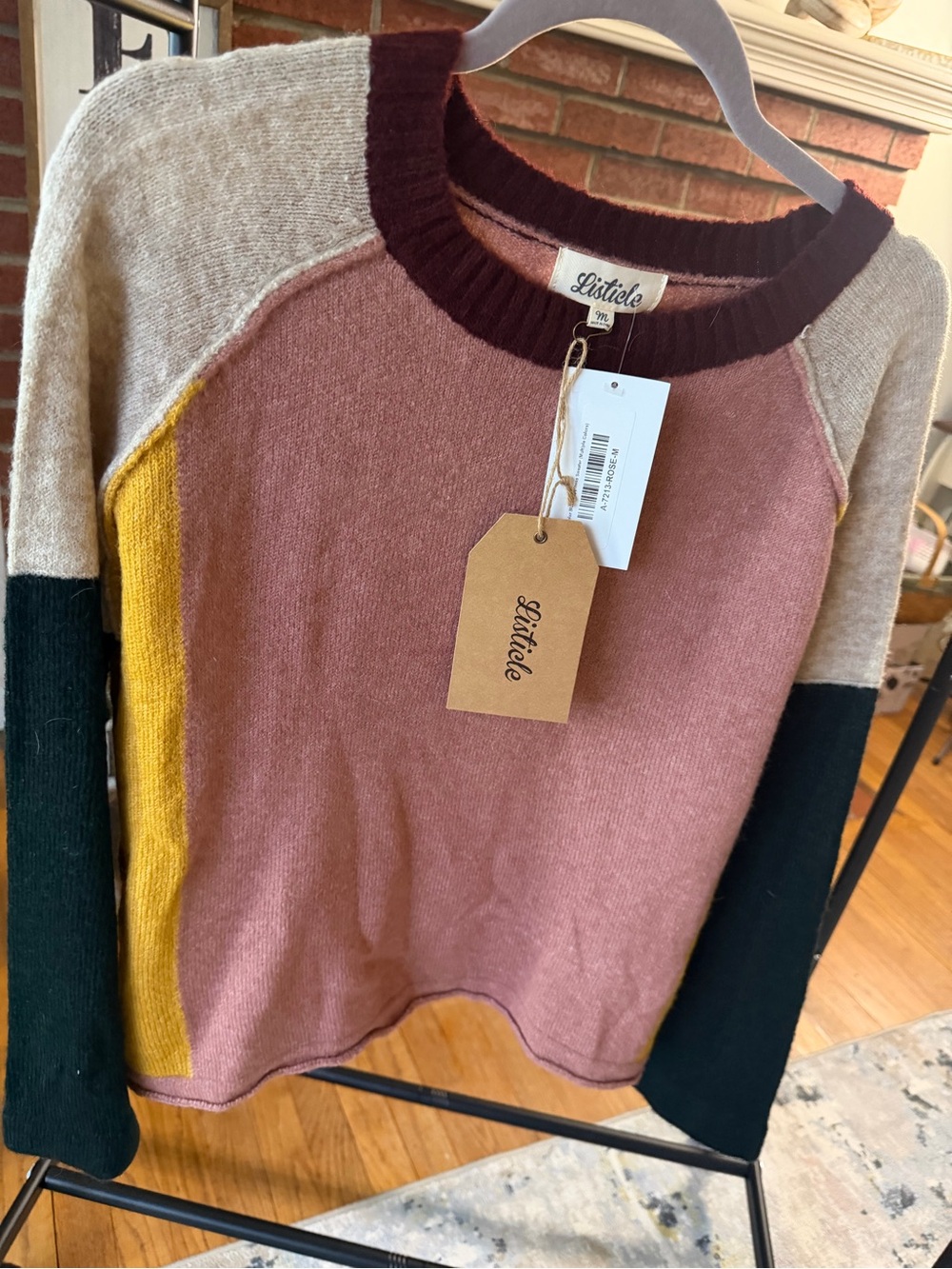 Listicle Colorblock Crewneck Sweater — Dusty Pink, Mustard & Black